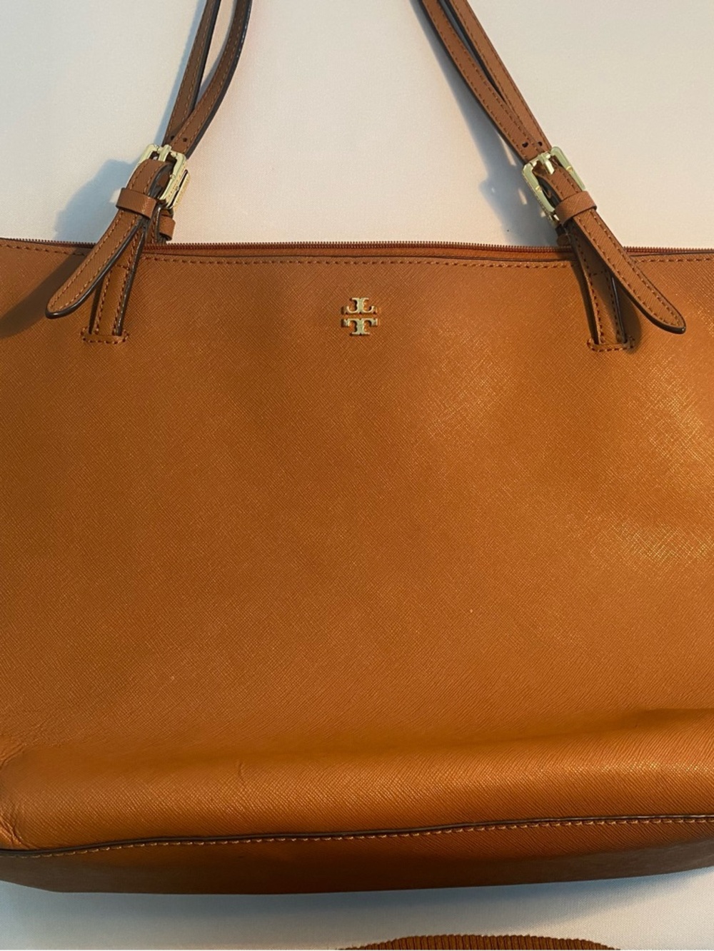 Tory Burch Cognac Saffiano Leather Tote with Gold Logo